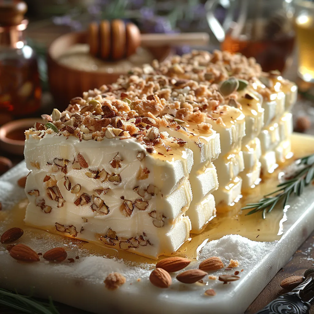 Recette de nougat glacé aux amandes et pistaches.