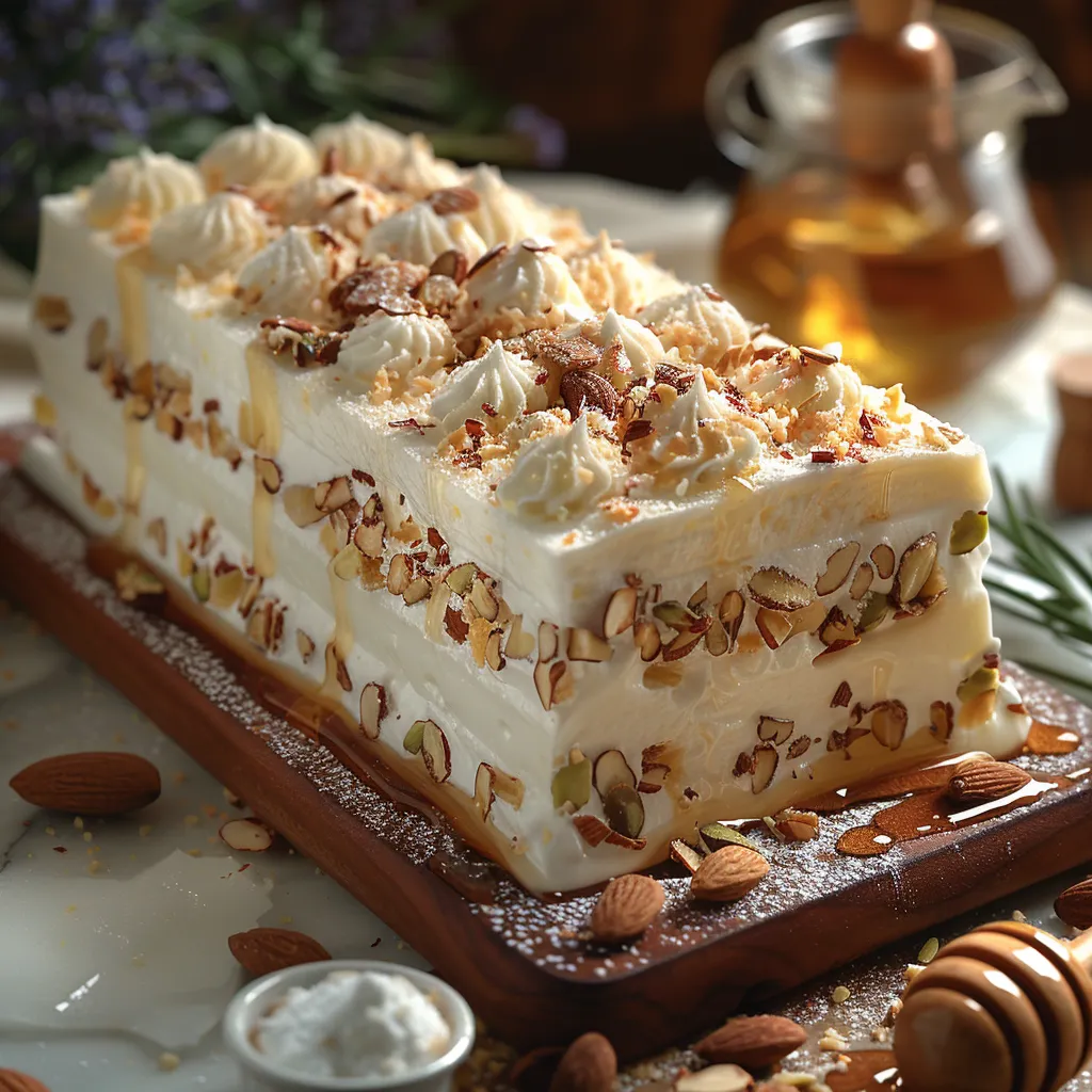 Dessert glacé onctueux aux saveurs de miel, d'amandes et de pistaches grillées.