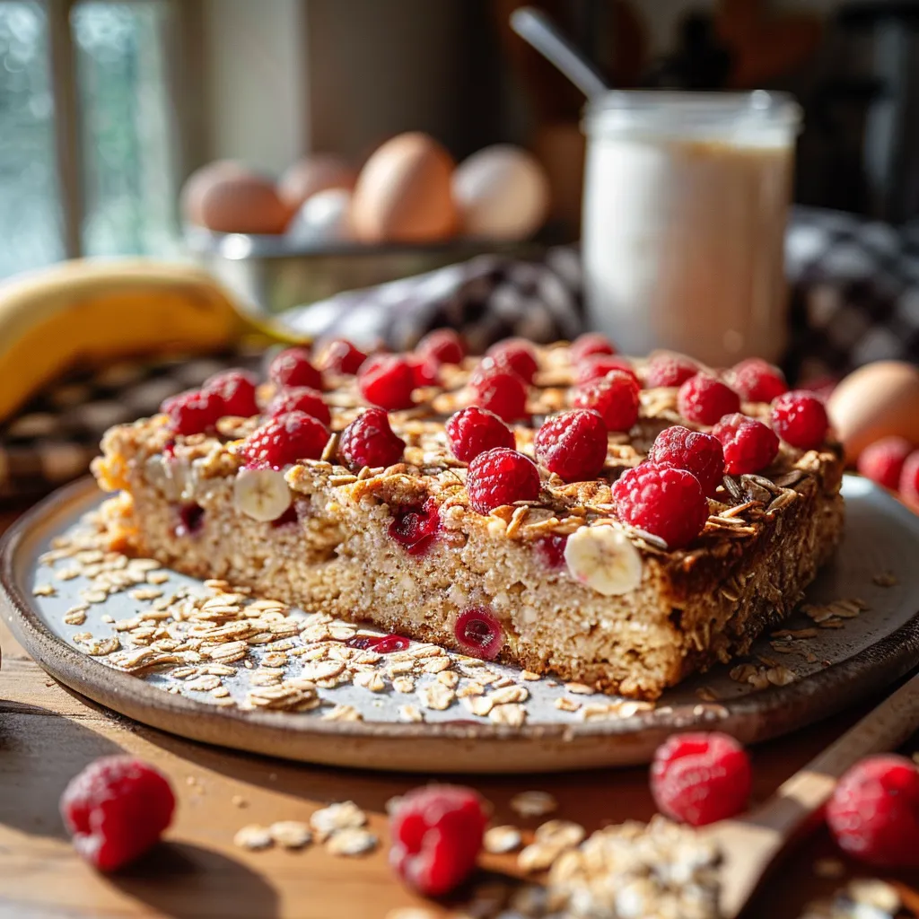 Gâteau sain à l'avoine, banane et framboises sans sucre ajouté.