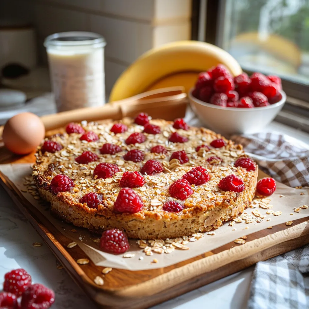 Gâteau moelleux aux flocons d'avoine, bananes mûres et framboises, sans sucre