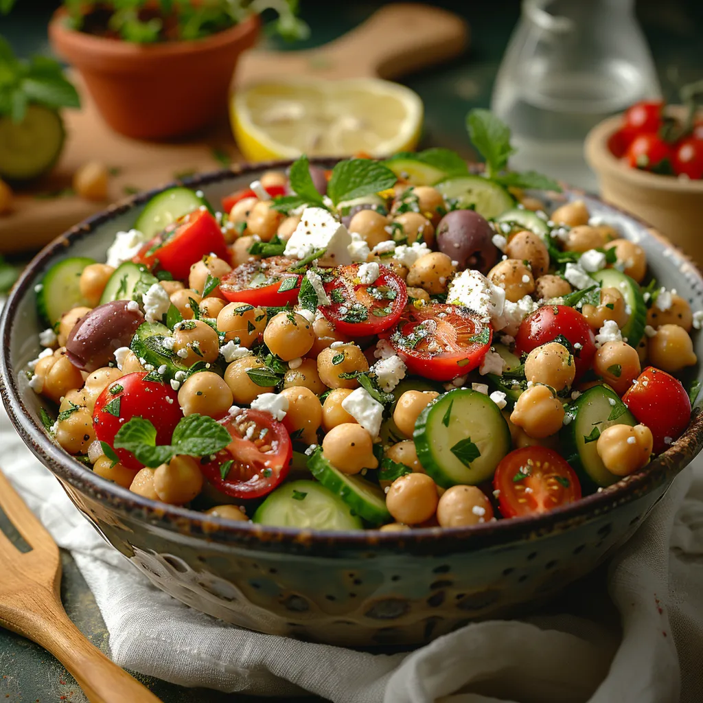 Salade de pois chiches à la grecque, une recette végétarienne riche en protéines.