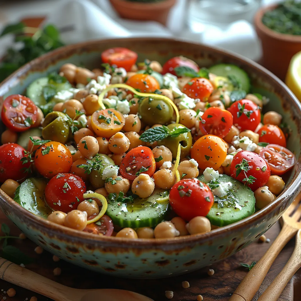 Salade méditerranéenne colorée et nutritive associant pois chiches, légumes croquants, feta crémeuse