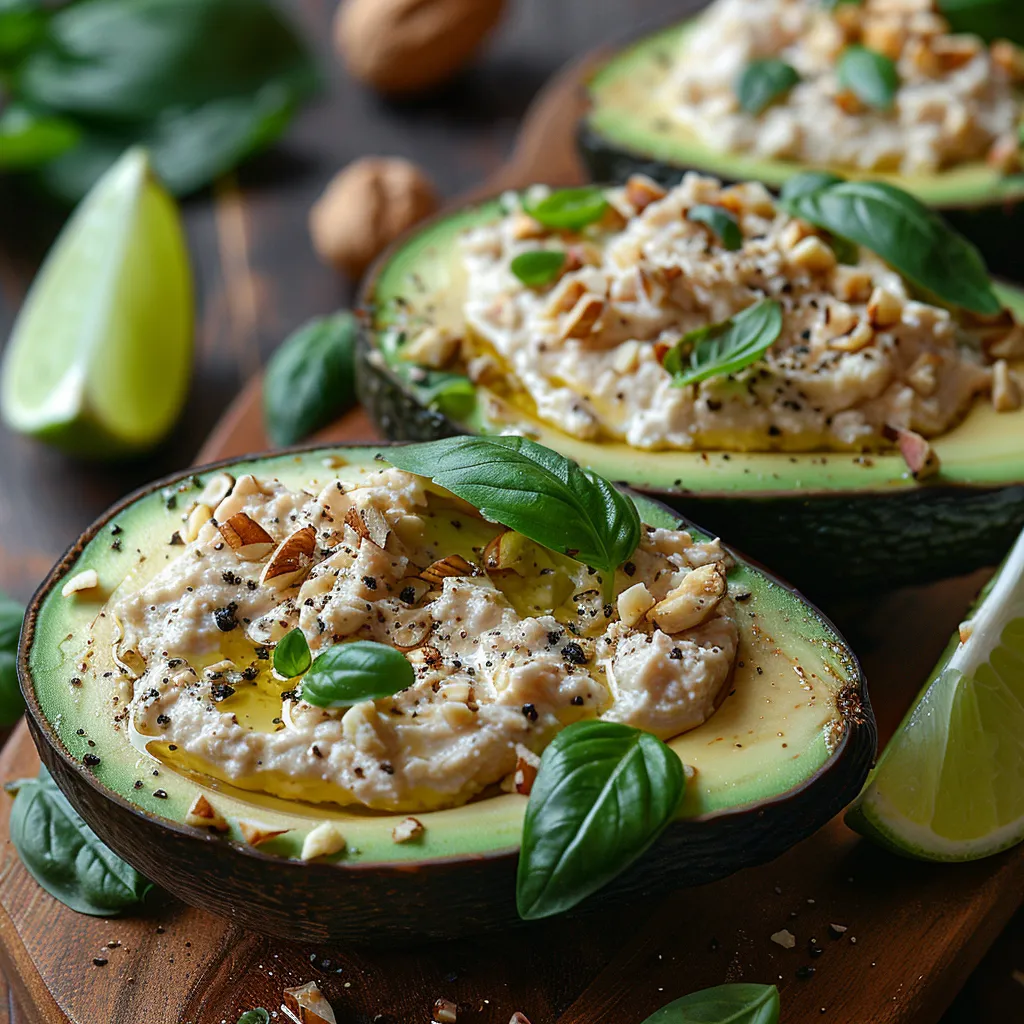 Recette d'avocat farci au thon, fromage frais et noix. Une entrée fraîche