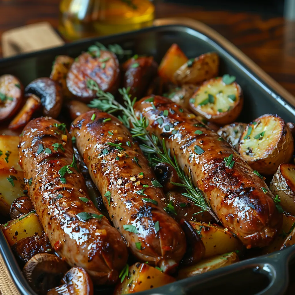 Recette de saucisses aux pommes de terre et champignons au four