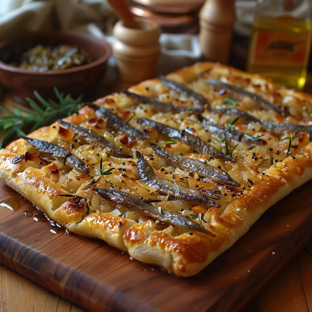 Pissaladière niçoise avec sa base de pain maison, sa compotée d'oignons longuement mijotés