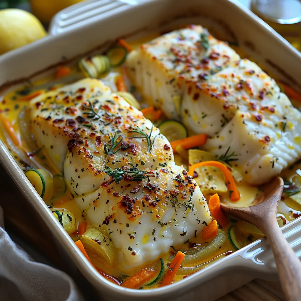 ecette de filets de cabillaud au four, cuisinés avec une sauce crémeuse et des légumes de saison.