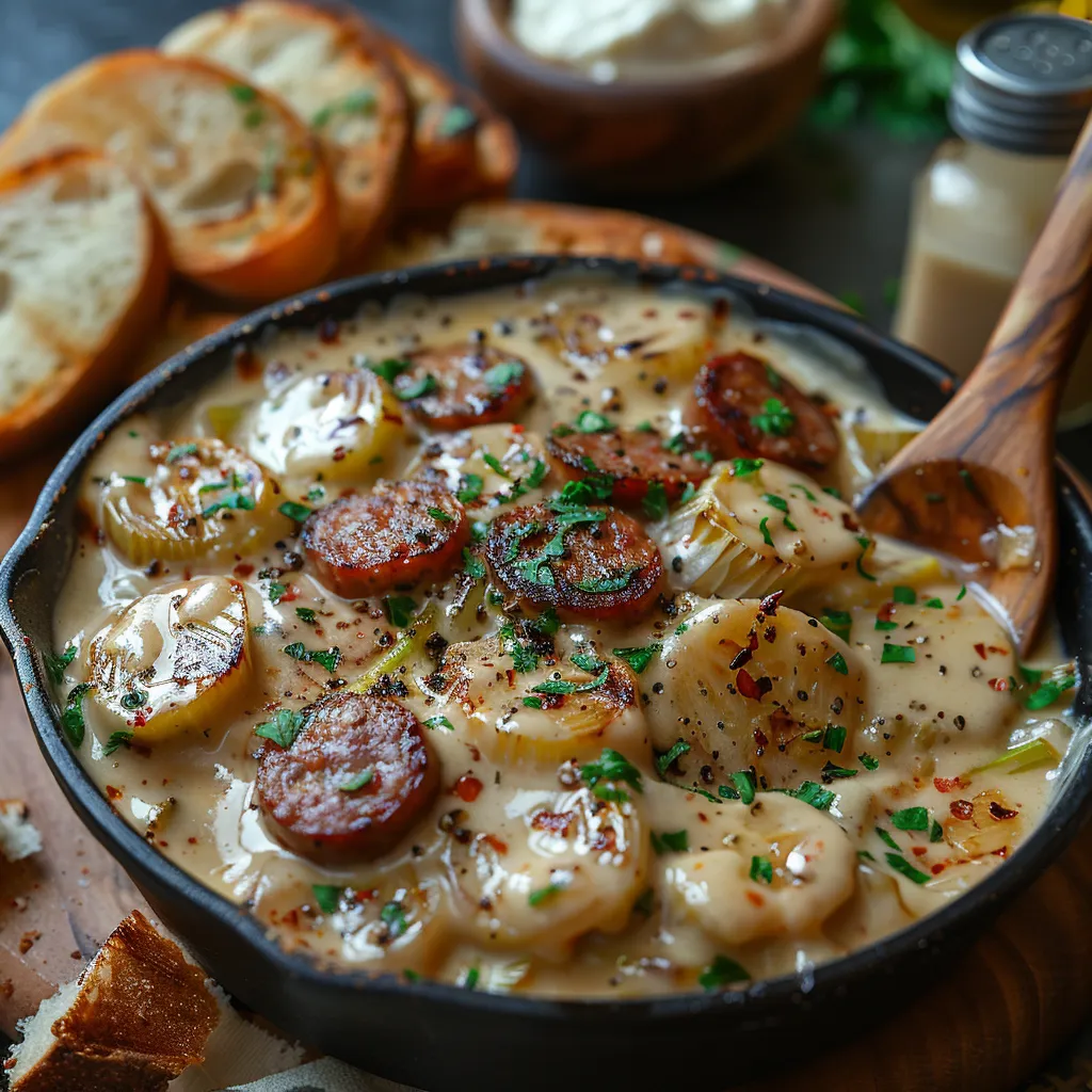 Recette de fondue d'endives crémeuse aux saucisses fumées