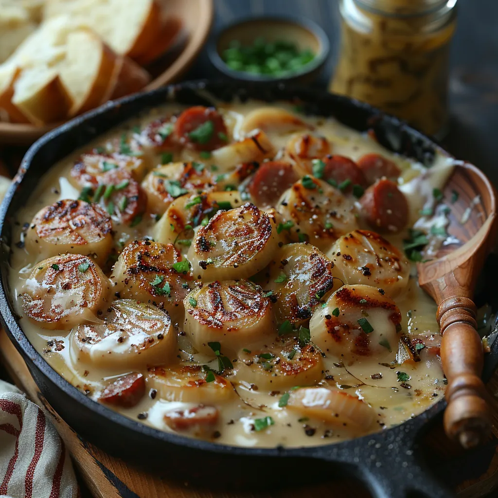 Fondue d'endives à la crème accompagnée de saucisses fumées.