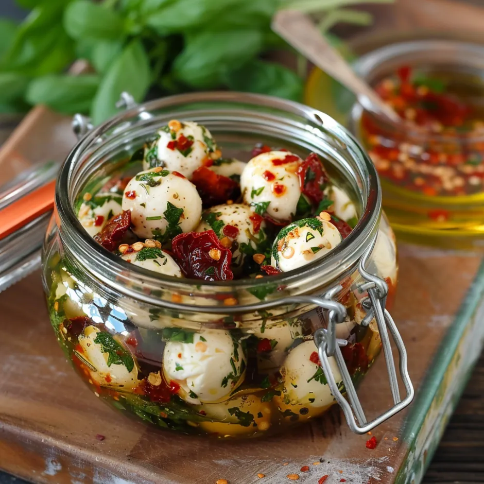 Délicieuses billes de mozzarella marinées aux herbes fraîches et tomates confites