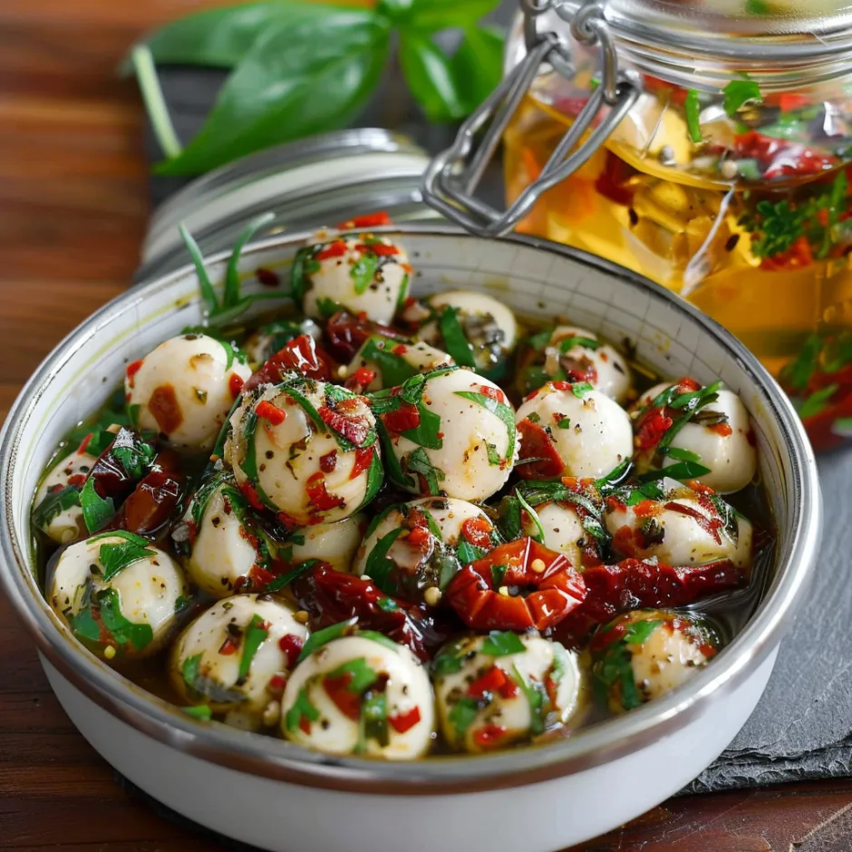 Billes de mozzarella marinées dans un mélange d'herbes fraîches