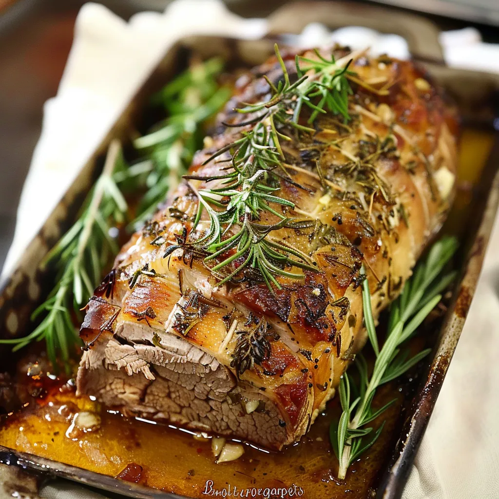 Délicieux rôti de porc parfumé à l'ail et au romarin