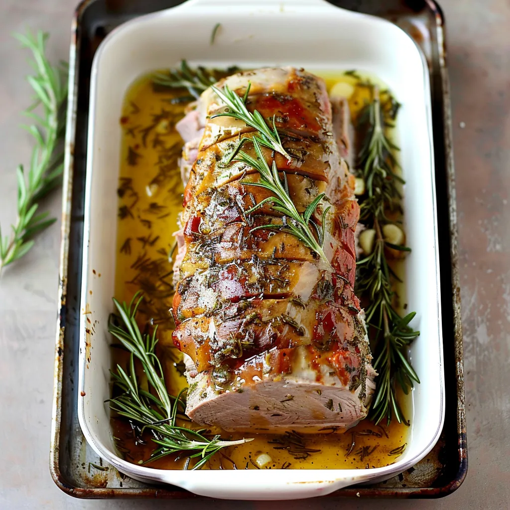 Rôti de porc juteux et parfumé à l'ail et au romarin