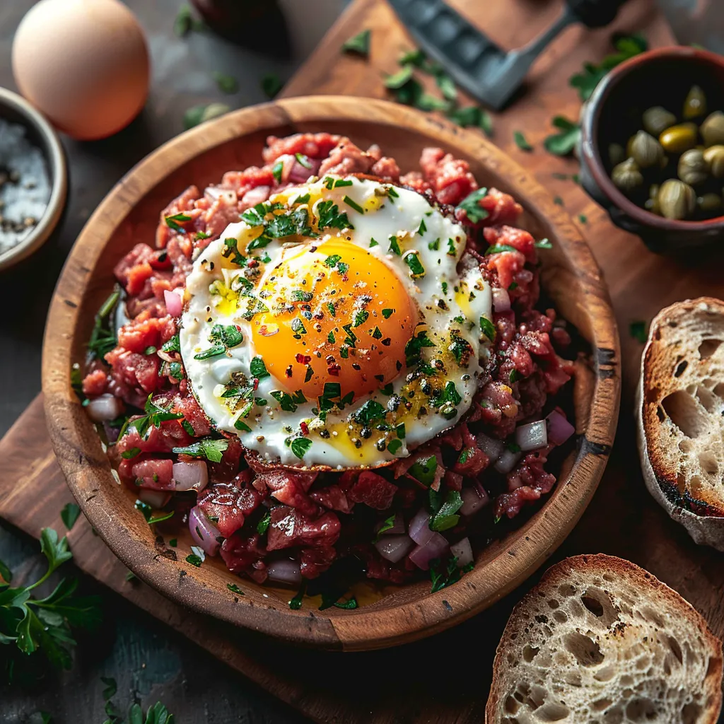 Tartare de bœuf traditionnel et savoureux, préparé avec une viande fraîche de qualité