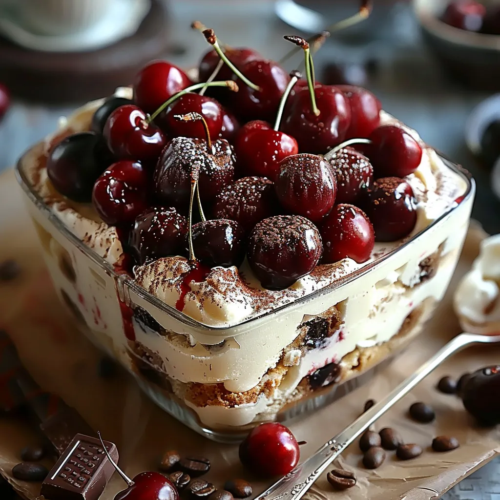 Tiramisu italien aux saveurs de Forêt-Noire : mascarpone, café, cerises et chocolat noir