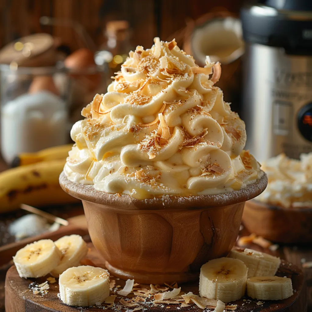 Recette d'île flottante revisitée à la banane et crème anglaise.