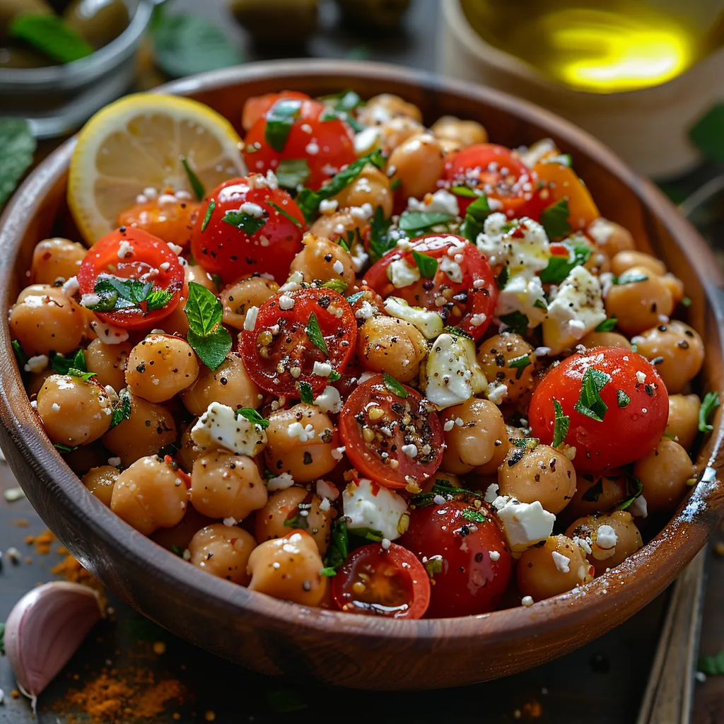 Pois chiches, tomates et féta pour une salade colorée et nourrissante