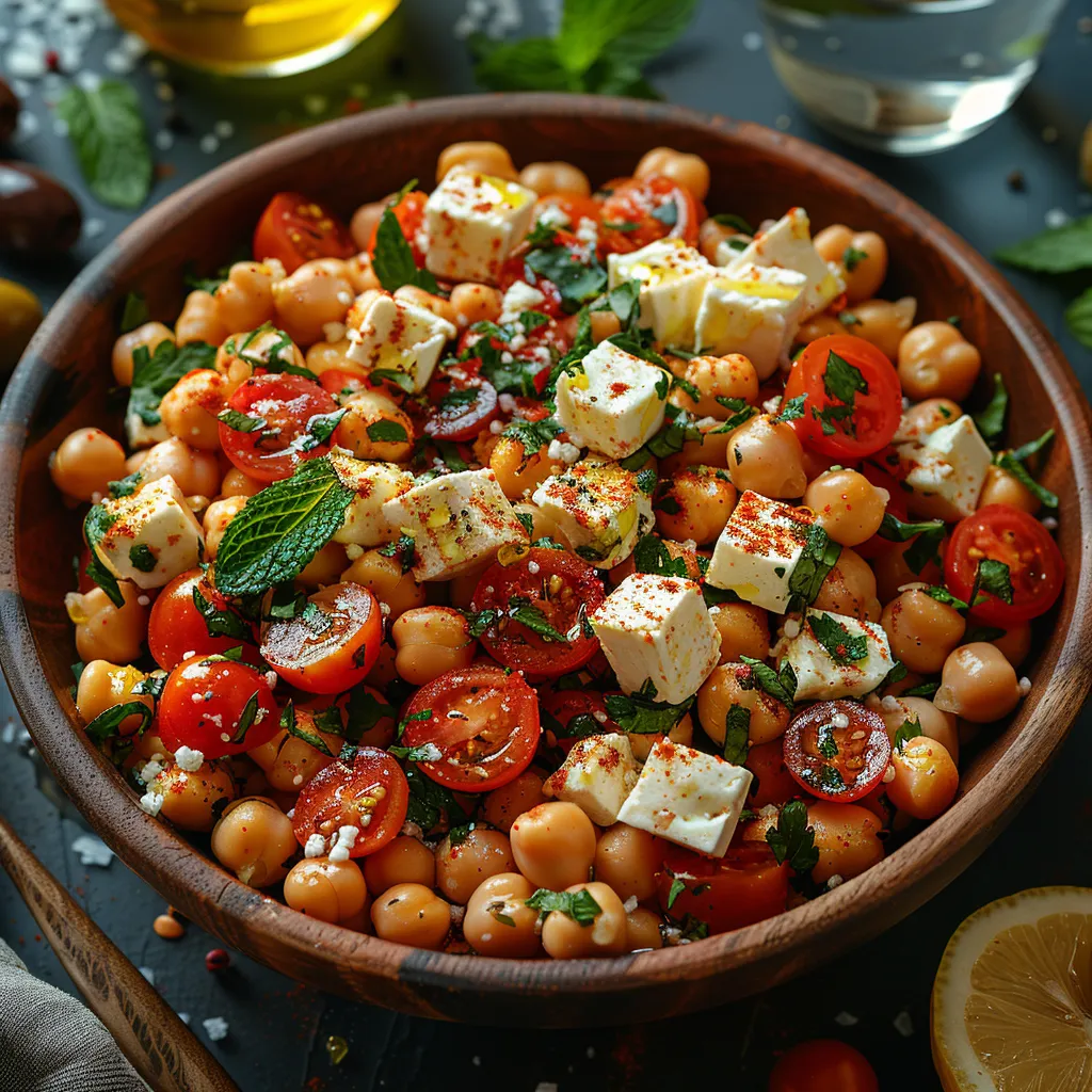 Salade de pois chiches aux tomates cerises et féta, fraîche et complète.