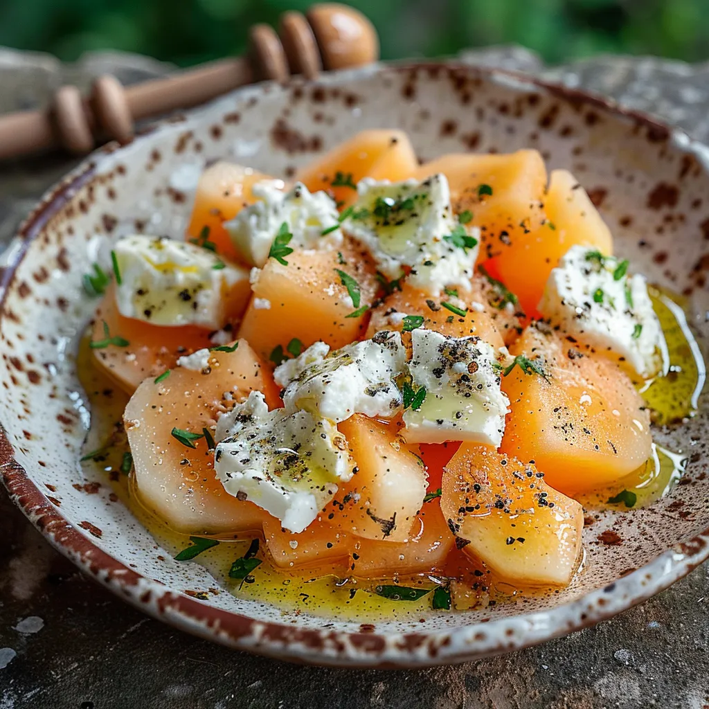 Salade de melon au chèvre et thym, une entrée estivale fraîche et parfumée prête en 15 minutes.