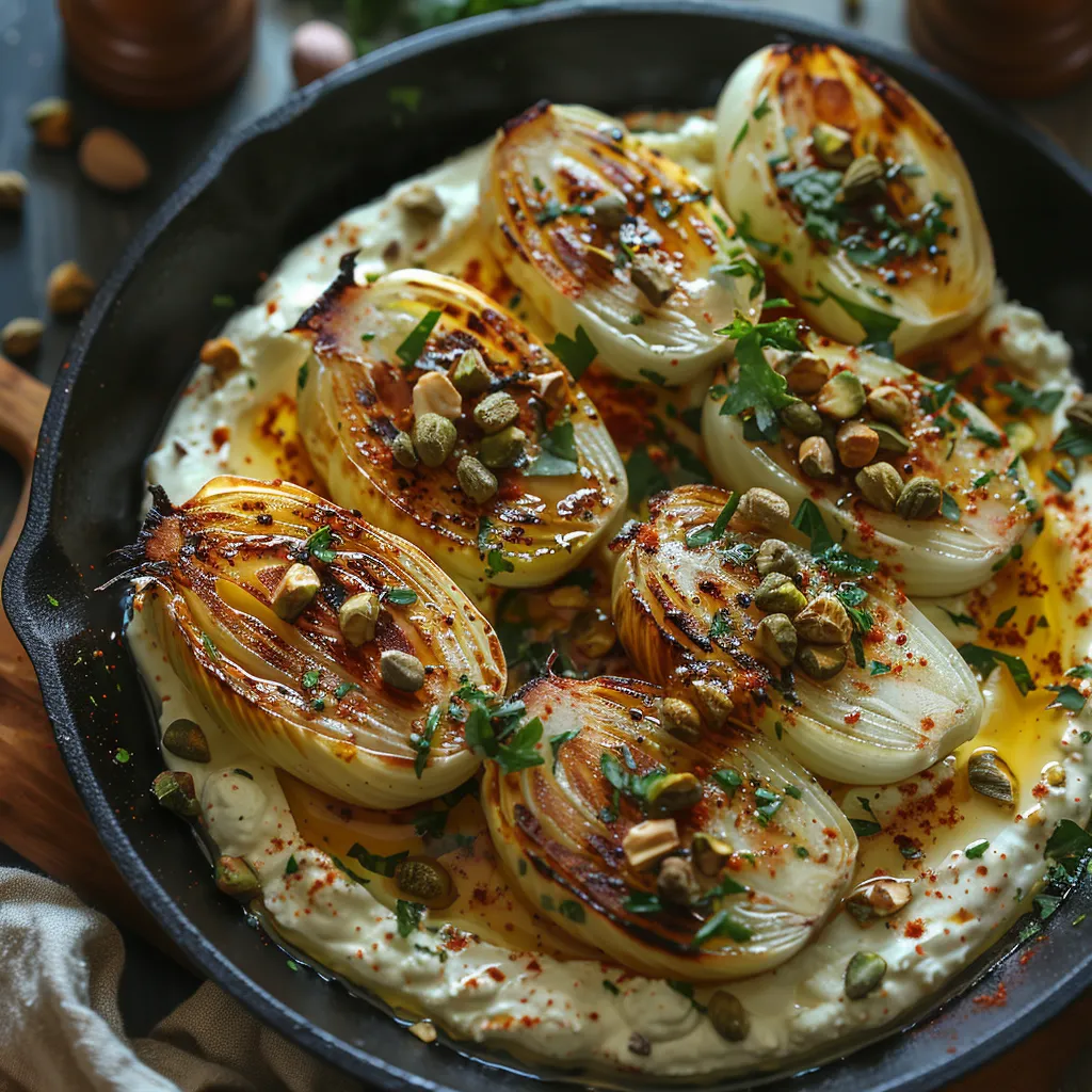Endives rôties, câpres et pistaches