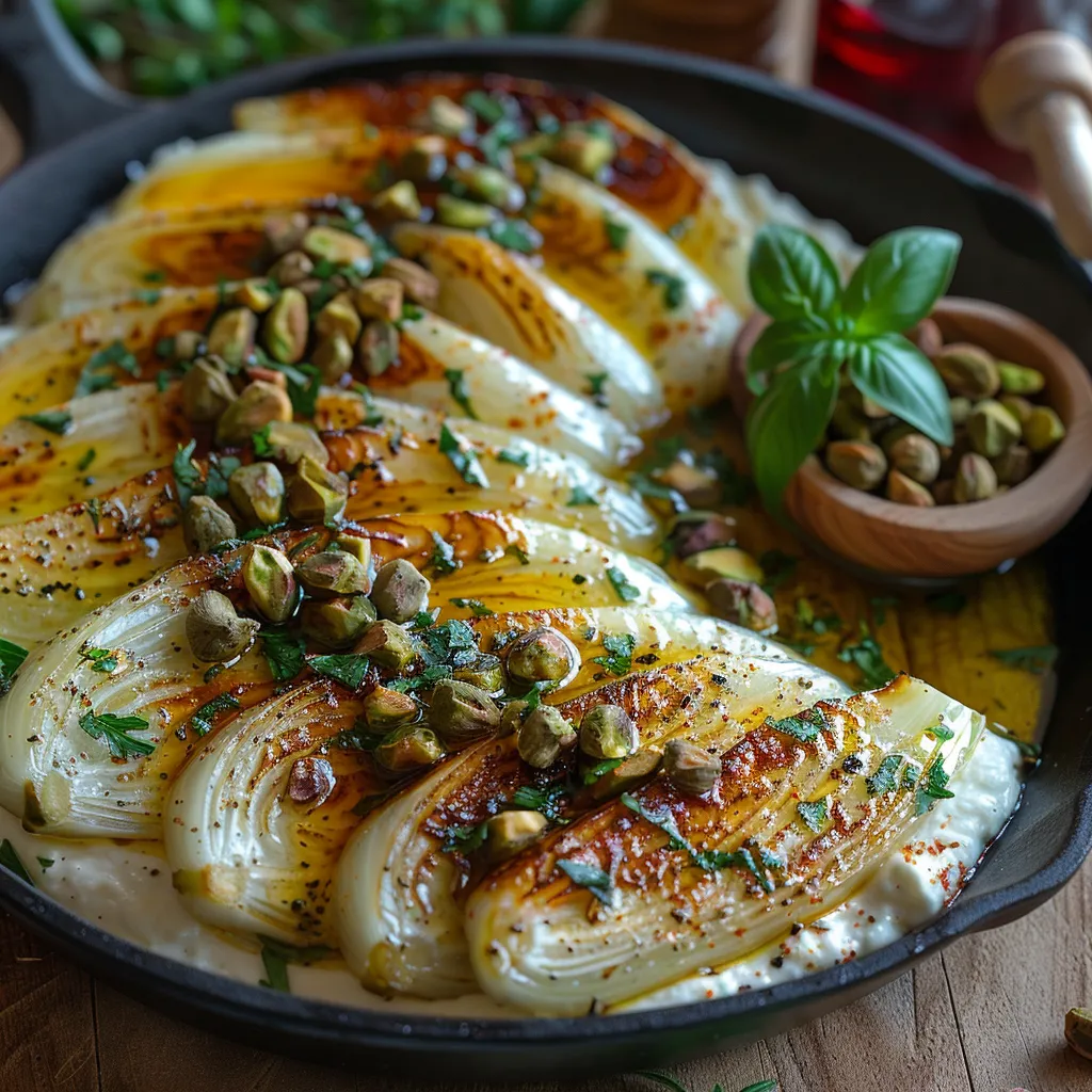 Recette d'endives rôties aux câpres et pistaches sur lit de labné.