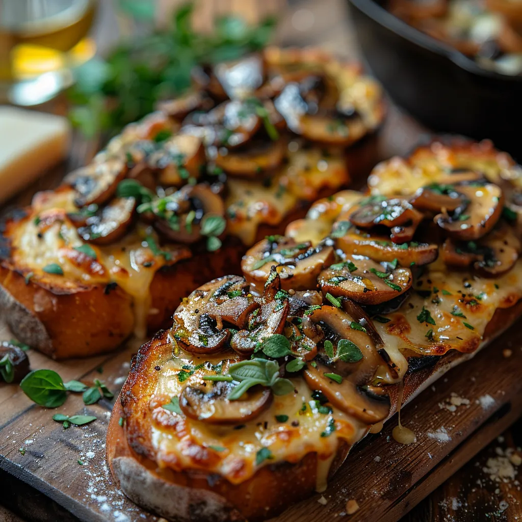 Bouchées de baguette croustillantes garnies de champignons savoureux et de fromage fondu