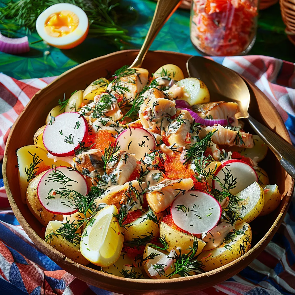 Délicieuse salade de pommes de terre au maquereau fumé, aux radis et oignons marinés.