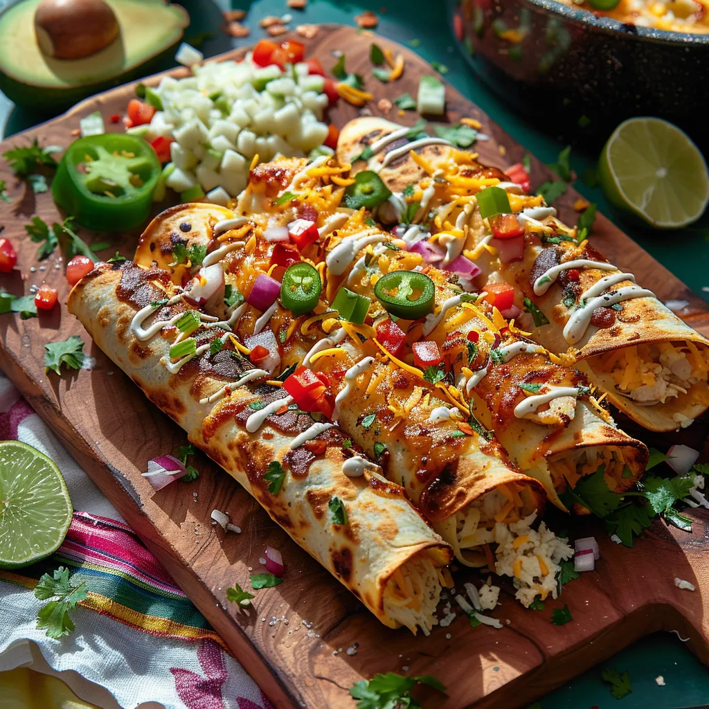 Délicieux roulés de tortillas de maïs garnis de poulet et fromage style taquitos mexicains