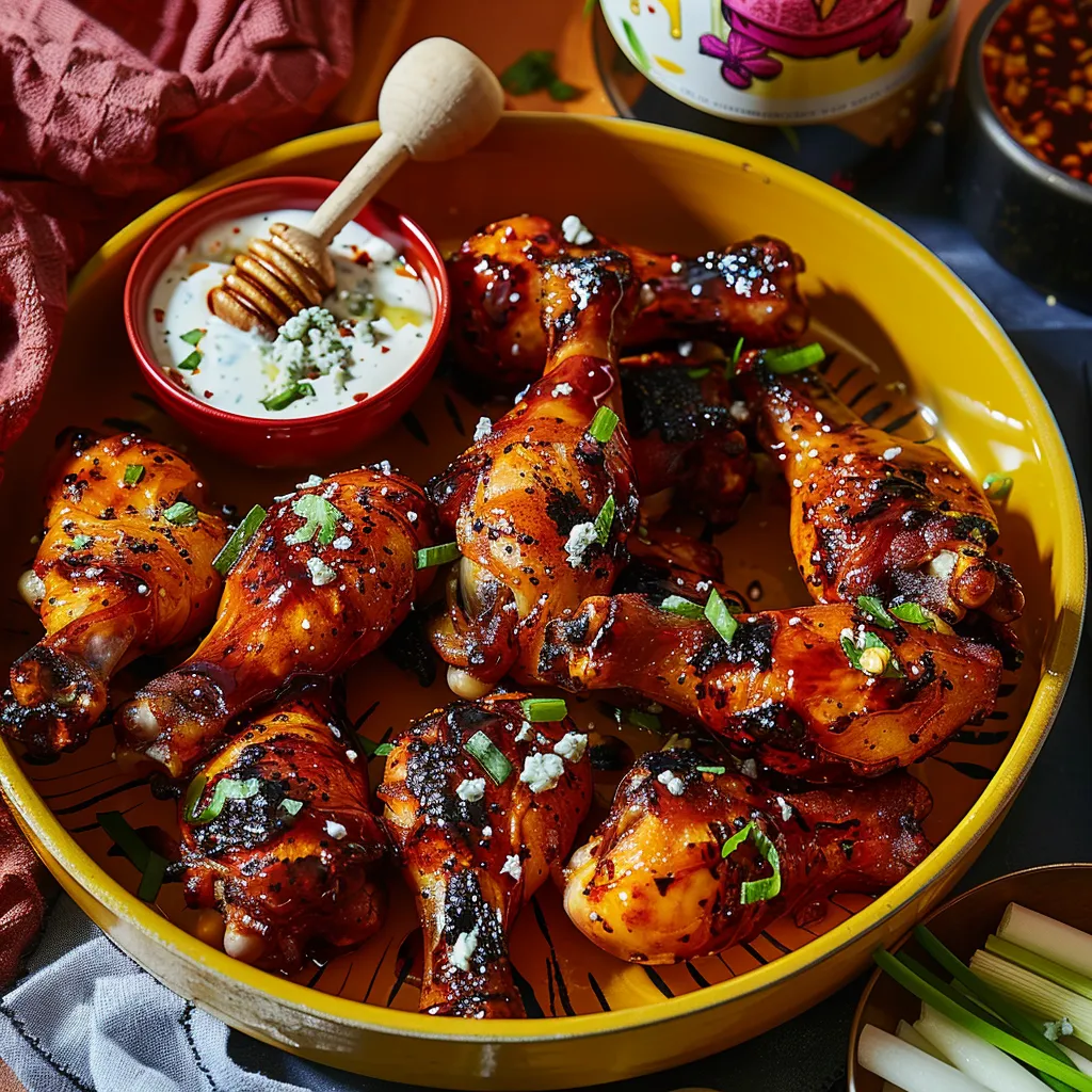Pilons de poulet sucrés-épicés, sauce au bleu