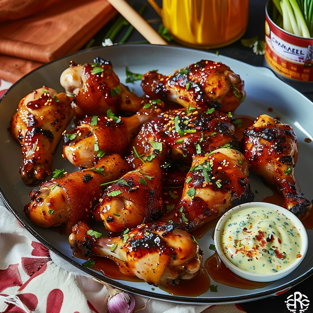 Pilons de poulet sucrés-épicés marinés au babeurre, accompagnés d'une onctueuse sauce au fromage bleu