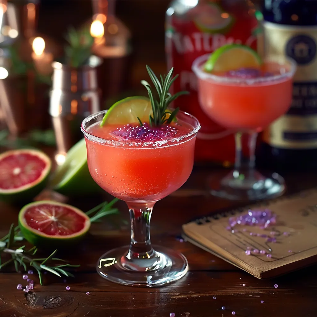 Cocktail fruité à la vodka, parfumé aux notes de fraise, goyave et violette, agrémenté d'une touche de romarin
