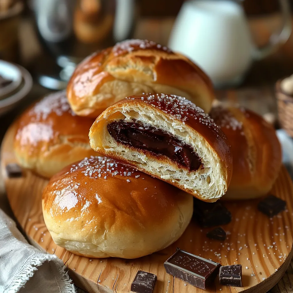 Pains au lait moelleux cachent une délicieuse barre de chocolat en leur cœur.