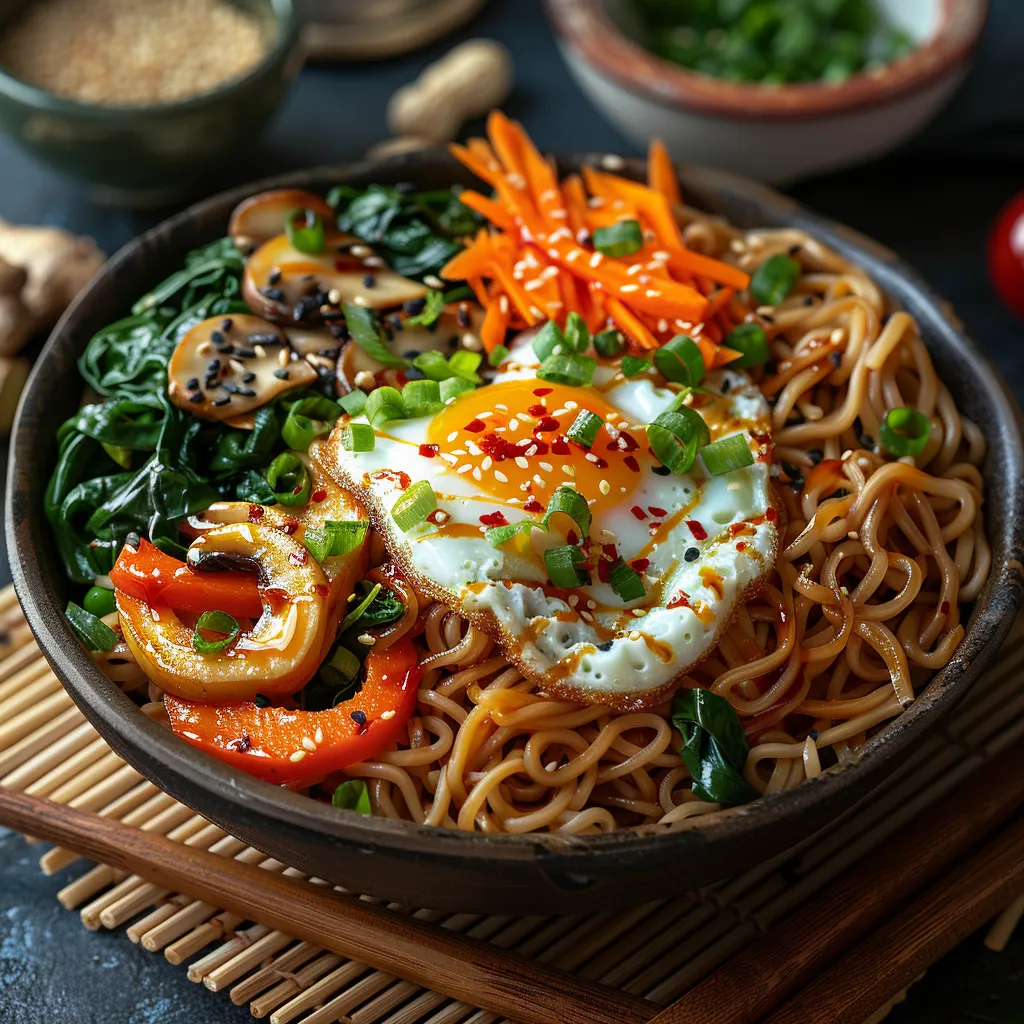 Salade de soba, épinards, œuf frit et sauce cacahuète