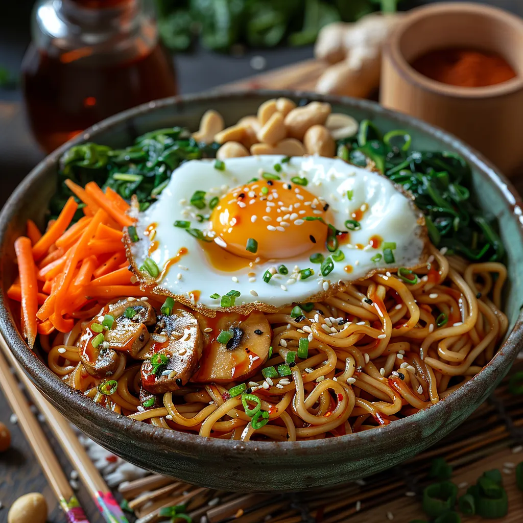 Salade de nouilles soba aux épinards, œuf frit et sauce cacahuète crémeuse.