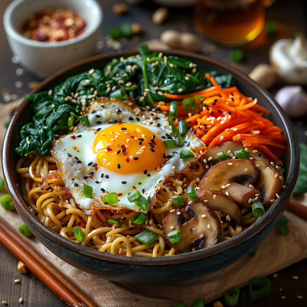 Salade de soba, épinards, œuf frit et sauce cacahuète
