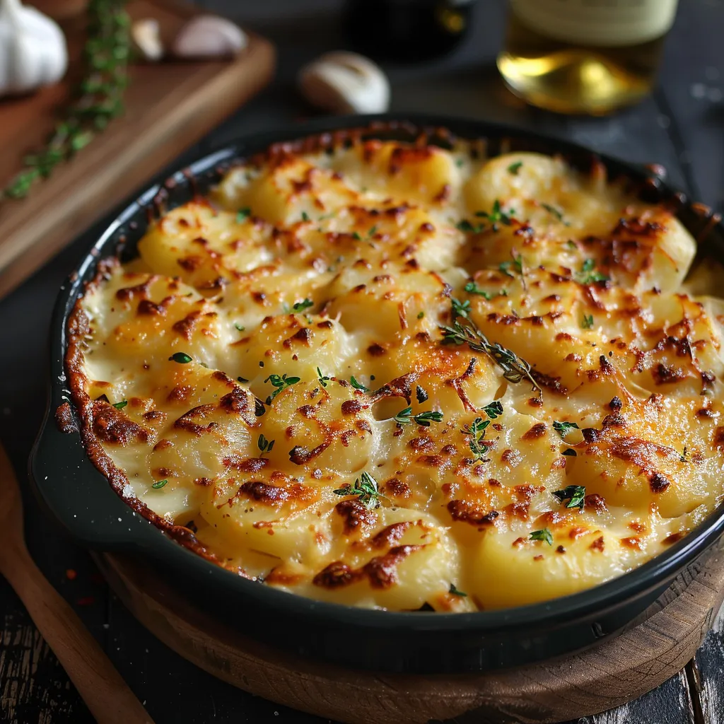 Version gourmande du traditionnel gratin dauphinois enrichie de fromage à raclette fondant