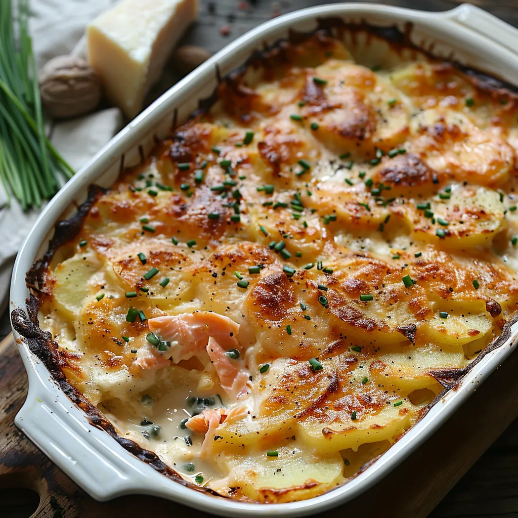 Gratin dauphinois revisité marie les pommes de terre fondantes à la crème avec le délicat saumon fumé