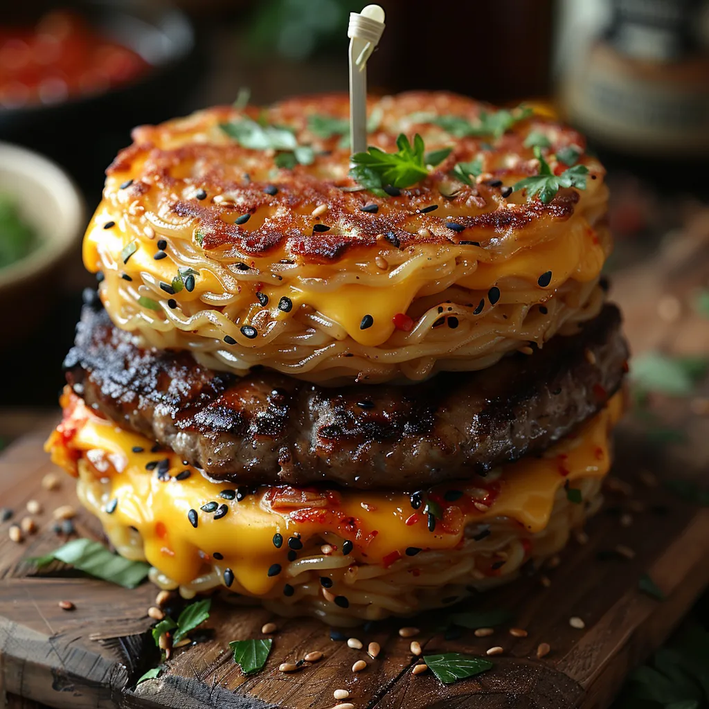 Mini-burgers de nouilles ramen au porc et kimchi | Recette fusion créative