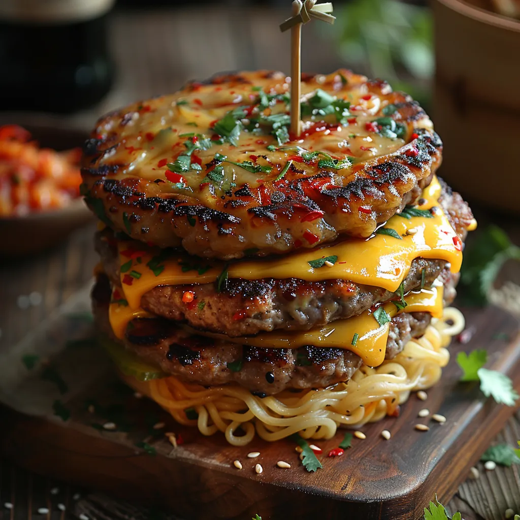 Mini-burgers de nouilles ramen au porc et kimchi