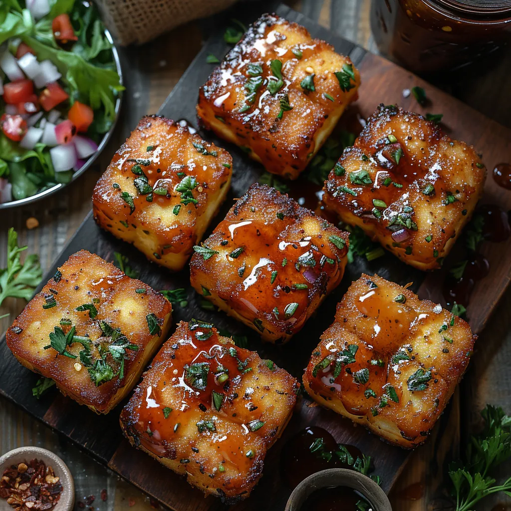 Croquettes de tofu croustillantes marinées dans une sauce barbecue au babeurre.