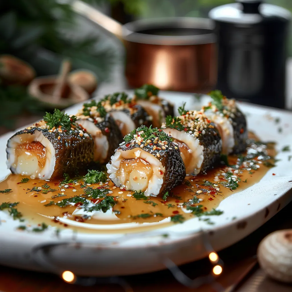 Morilles Farcies Makis Crevettes: Entrée Gastronomique