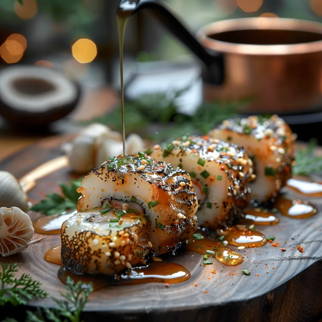 Morilles géantes farcies façon makis avec mousseline de poisson et crevettes.