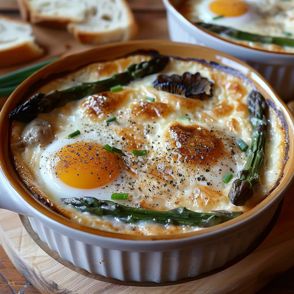 Ouf cocotte aux morilles, asperges et tomme de brebis.