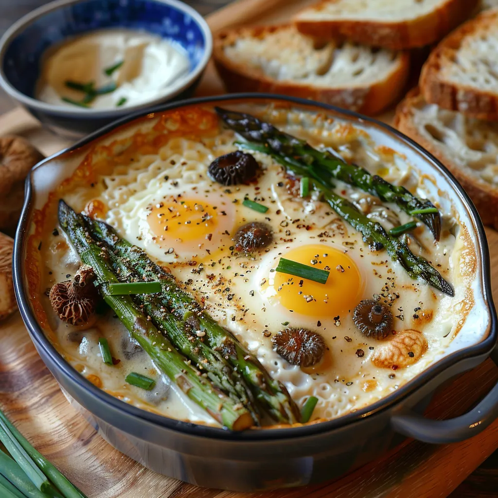 Oœufs cocottes aux morilles et asperges, enrichis de tomme de brebis