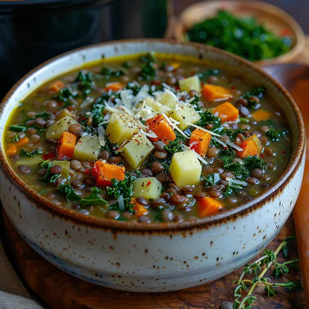 Soupe réconfortante aux lentilles et chou kale, parfumée au thym et enrichie de parmesan
