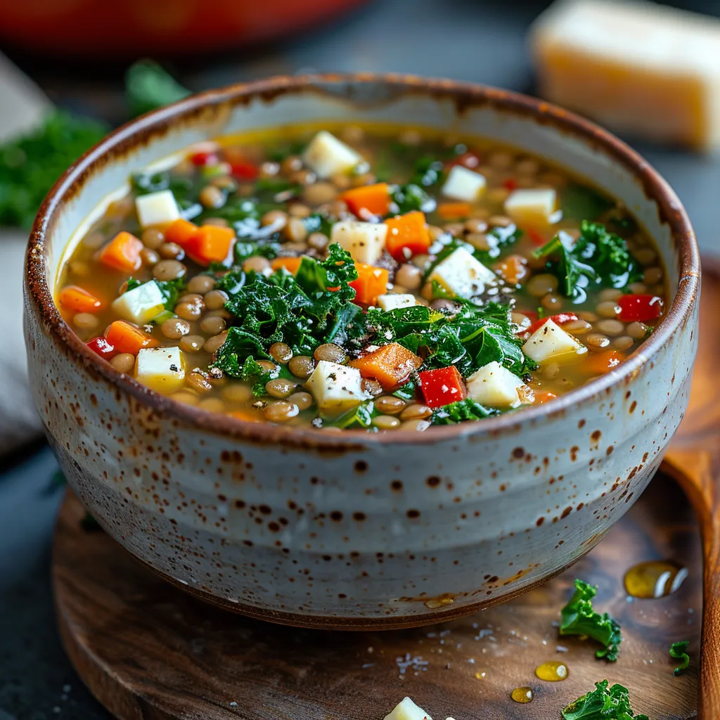 Soupe aux lentilles et chou kale est l'incarnation même du réconfort nutritif en un bol.