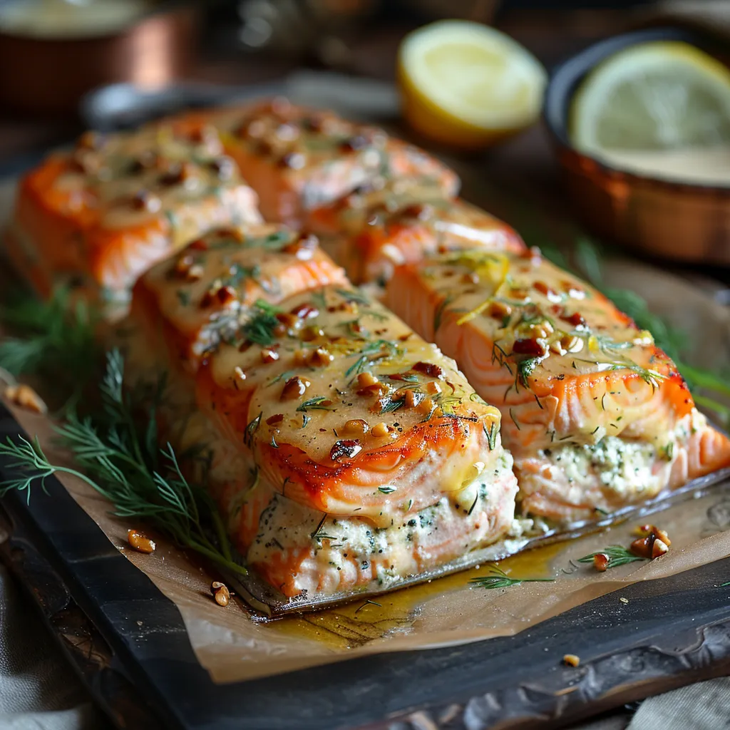 Recette de saumon farci à la ricotta, saumon fumé et noisettes.