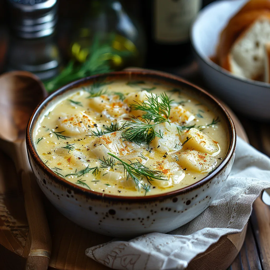 Recette de soupe crémeuse au haddock fumé, poireaux et pommes de terre.