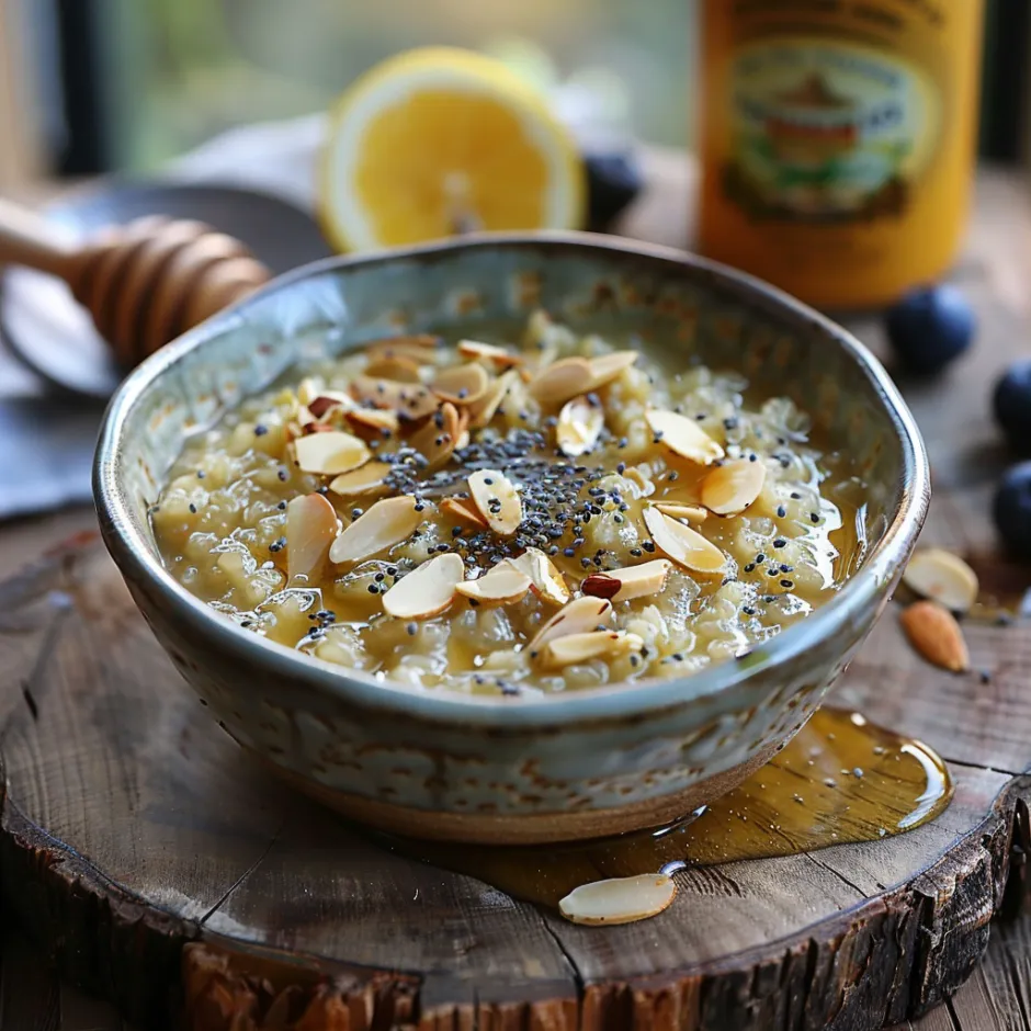 Boulgour sucré au lait de coco, parfumé au zeste de citron et aux graines de pavot