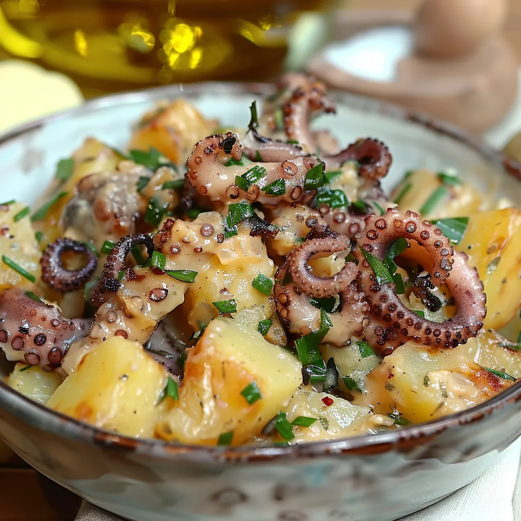 Salade de poulpe aux pommes de terre, relevée par une mayonnaise à l'ail