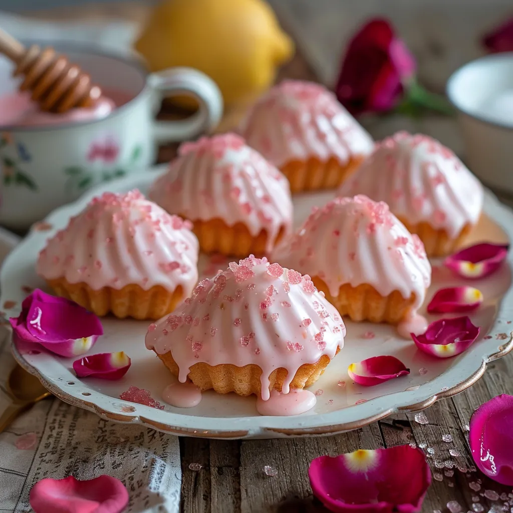 Recette de madeleines à la rose, parfumées et décorées de glaçage rosé et pétales de fleurs.